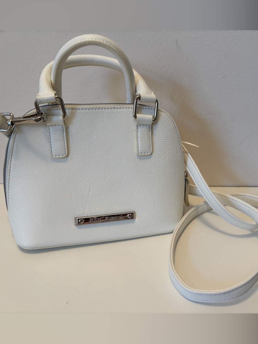 Betsey Johnson White Textured Mini Crossbody Satchel bow nice!